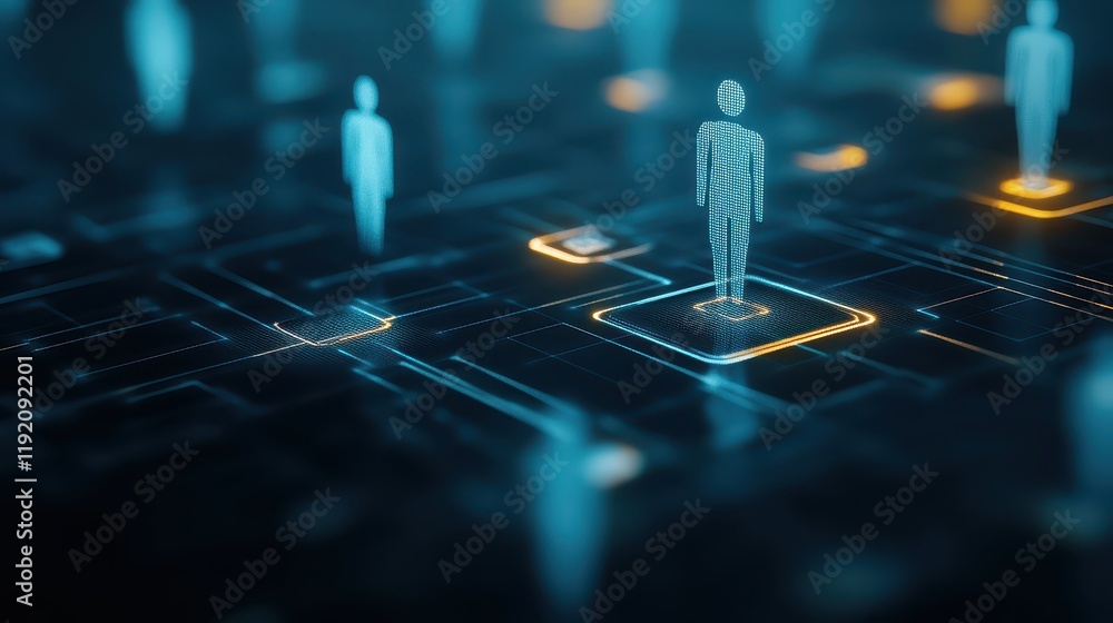 Poster person traversing an intricate digital circuit network, a visual representation of technological adv