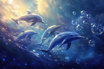 A group of dolphins swimming together, creating playful bubbles near the surface.