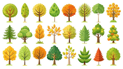 Autumn Tree Collection 30 Cartoon Trees Isolated on Transparent Background, Vector Illustration, Nature, Fall, Trees, Autumn, Cartoon