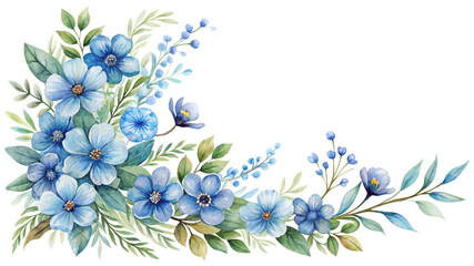 Obraz premium Watercolor Blue Floral Corner Bouquet, Isolated on Transparent Background, PNG, Clipart, Design Element, , Floral arrangement, Watercolor painting, Blue flowers