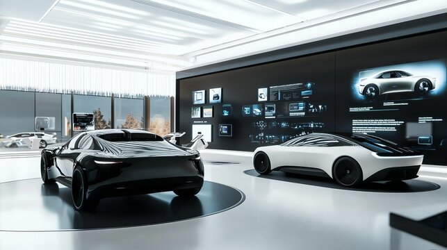 A futuristic autonomous vehicle showroom featuring sleek electric cars and interactive displays, Minimalistic style, photo of