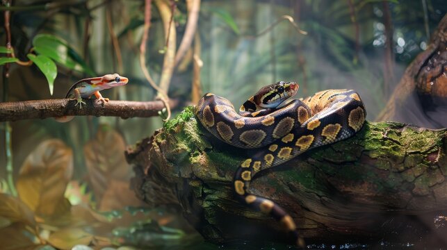 The ball python relishes a refreshing misting session in its terrarium, with a lively crested gecko climbing nearby, adding vibrancy.