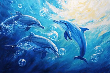 A group of dolphins swimming together, creating playful bubbles near the surface.