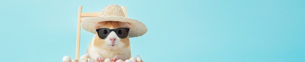 Whimsical Guinea Pig Vacation Surreal Pet Portrait with Sunglasses and Straw Hat