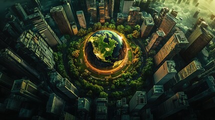 A digital rendering of a futuristic cityscape with skyscrapers