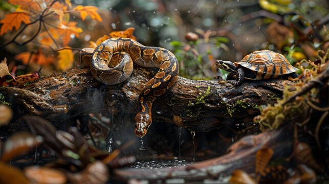Enjoying a misting session on a branch, the ball python is joined by a cheerful tortoise basking nearby, creating a peaceful and vibrant reptile scene.