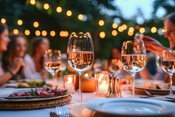 A group of friends enjoying a cozy dinner party under string lights on a summer evening.
