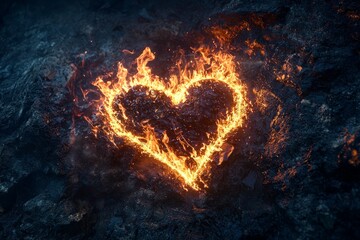 A burning heart symbol, glowing with intense flames on a dreamy background, representing passion and intensity in love. 