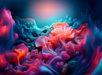 Obraz premium Vibrant, abstract swirls of pink, orange, and blue create a surreal underwater scene. A dark, moody background enhances the luminous colors and organic forms.