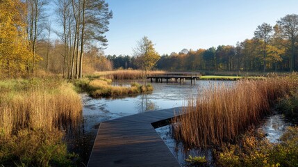 Explore the serene beauty of a tranquil marsh at dawn. A wooden walkway crosses calm waters surrounded by lush reeds. Nature awakens in golden light. Generative AI