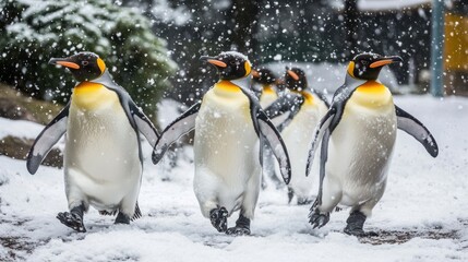 Fototapeta premium A group of King Penguins waddling in the snow, with trees in the background and snow falling