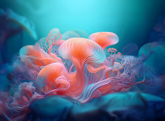 Obraz premium Intricate, coral-colored, mushroom-like forms rise from a swirling, teal underwater background. Their translucent textures and delicate structures create a surreal, dreamlike scene.
