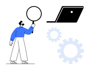Man holding magnifying glass examining gears, laptop. Ideal for analysis, problem-solving, investigation, research, technology, innovation efficiency. Abstract line flat metaphor