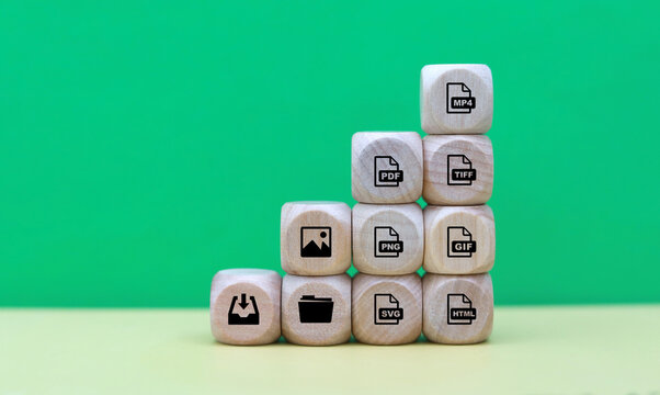 Tag wood with icons of 6 types of image files namely JPEG, PNG, GIF, TIFF, PDF MP4  and  The concept of saving files in the form of an image