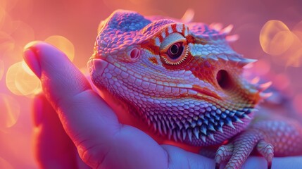 Obraz premium In a macro detailed setting, a vet hand-feeds a bearded dragon, making the dragon's vibrant colors stand out against the soft lighting, emphasizing its beautiful scales.