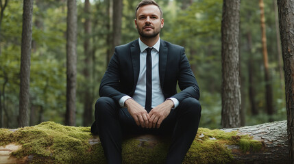 Contemplation in the Woods: A businessman in a sharp suit finds solace and reflection amidst a serene forest setting. His gaze is fixed on the horizon.