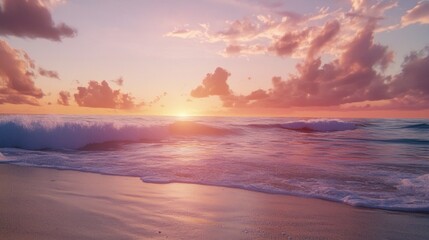 Fototapeta premium A tranquil scene of a pink hued sunset illuminating the ocean waves and sandy beach