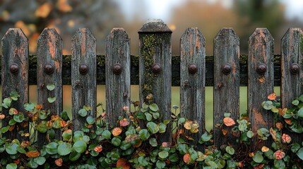 Fototapeta premium Weathered wooden fence with greenery.