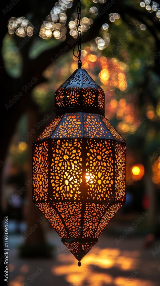Poster Illuminated Lantern with Intricate Patterns in Nighttime Festival Setting