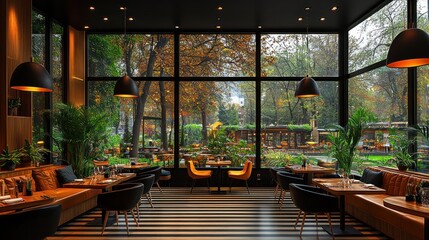 Fototapeta premium Modern restaurant with large windows and greenery.