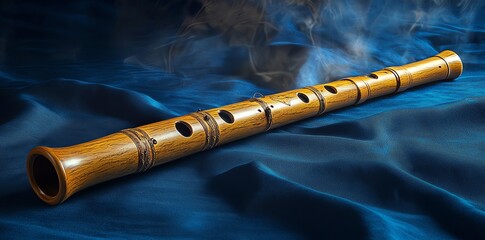 Naklejka premium Wooden flute on blue silk with smoke.