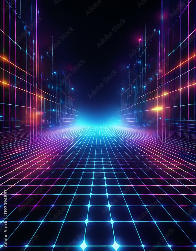Poster abstract futuristic web with glowing neon light and grid line pattern on dark background. generated 