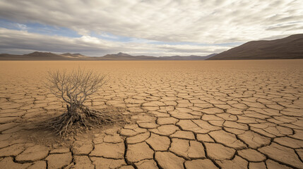 Fototapeta na wymiar Dry and Cracked Earth: A solitary, gnarled tree struggles for survival in a vast, parched landscape, the cracked earth reflecting the harsh realities of drought and aridity.