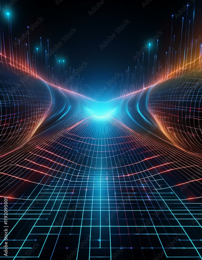 Poster abstract futuristic web with glowing neon light and grid line pattern on dark background. generated 