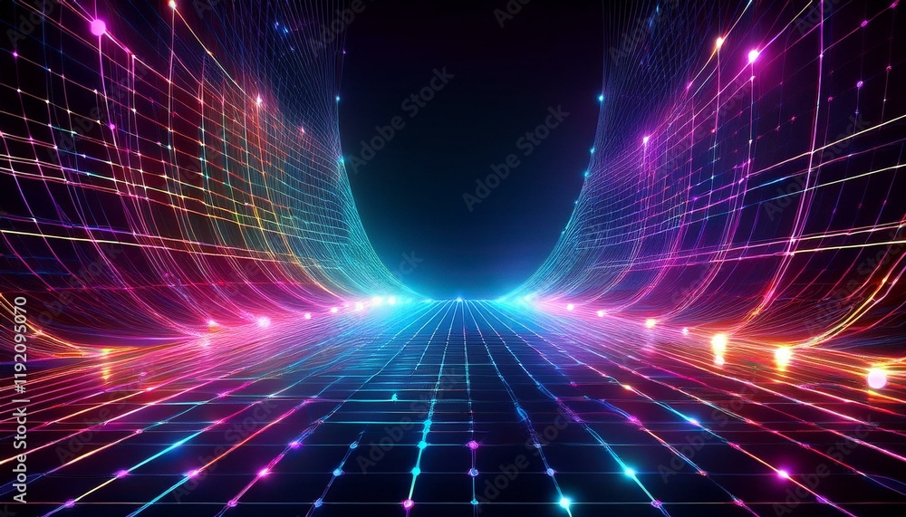 Poster abstract futuristic web with glowing neon light and grid line pattern on dark background. generated 