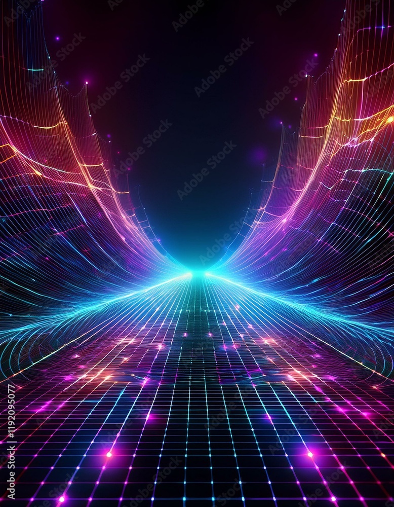 Poster abstract futuristic web with glowing neon light and grid line pattern on dark background. generated 