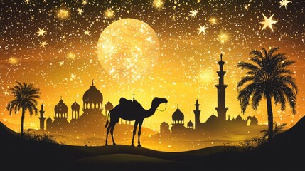 Camel silhouette desert night, mosque, stars, moon, travel