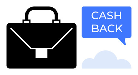 Black briefcase with handle and clasp next to blue speech bubble with Cash Back text and cloud shape. Ideal for business, finance, rewards, savings, corporate incentives, e-commerce, marketing