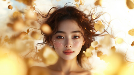 Fresh and glowing Asian skin with floating ginger extracts on a soft, clean, minimalist background