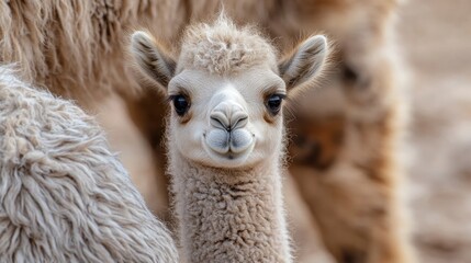 Fototapeta premium Close-up of an adorable baby camel's face with fluffy fur and curious eyes