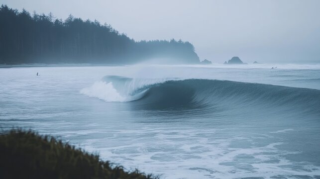 Moody Ocean Scene with Breaking Wave and Surfers in Foggy Weather - Powered by Adobe