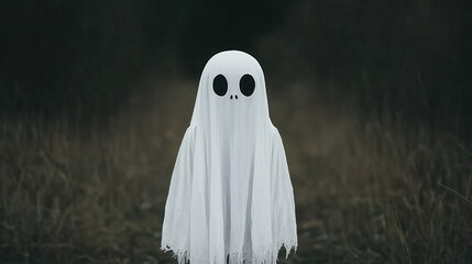 Ghostly Figure in the Dusk: A child in a white ghost costume stands in tall grass, creating a mysterious and slightly spooky atmosphere. The dark background adds to the eerie feeling.