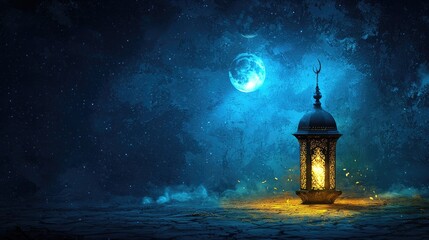 Fototapeta premium Illuminated lantern under night sky, crescent moon, stars; Ramadan greeting card