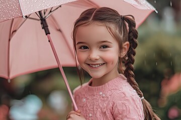 A smiling girl with pigtails holding a pink umbrella in a rainy outdoor setting, symbolizing health and happiness.