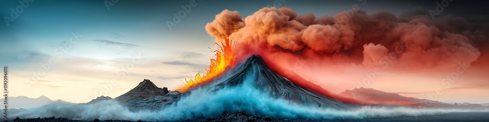 Poster dramatic digital depicting a panoramic view of a volcanic eruption with a spectogram visualization s