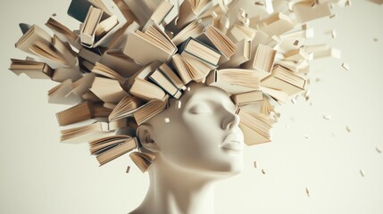 A bust with an explosion of books coming out of the head, representing a wealth of knowledge and ideas, Knowledge explosion scene