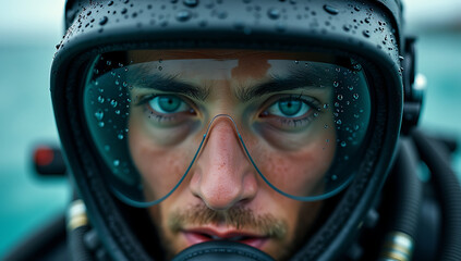 Fototapeta premium “Extreme Closeup of a Deep-Sea Diver’s Face with Water Droplets on the Helmet Glass” – A focused expression with the ocean reflected in the visor, symbolizing underwater exploration, adventure, and re