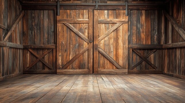 Rustic barn interior with large wooden doors and aged wood floors. Perfect backdrop for rustic, country, or western themed projects.