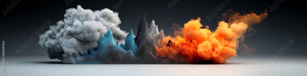 Poster dramatic 3d rendered explosion simulation illustrating the frequency response and dynamic patterns o