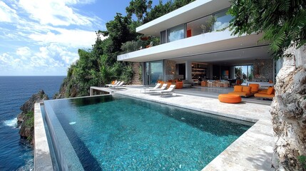 Modern villa with ocean view and infinity pool.