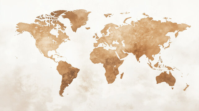 World Map in Sepia Tones: An antique-style world map in sepia tones, evokes a sense of adventure and exploration. The muted color palette creates a vintage aesthetic, ideal for travel, geography.
