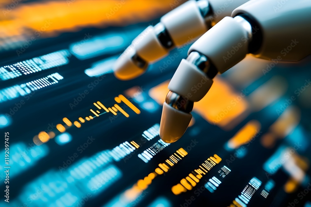 Poster robotic hand interacting with market graph interface representing ai driven financial technology