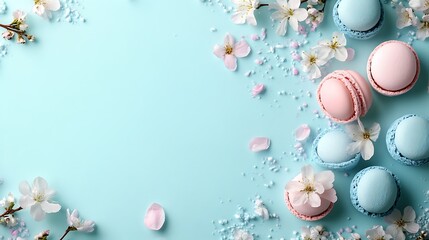 Pastel macarons, spring blossoms, blue background;  perfect for food blogs or spring promotions