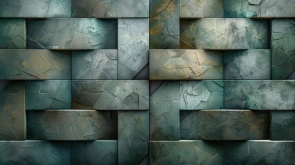 A textured wall made of interwoven panels in shades of blue and gray.