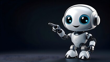 3d render of a robot in black and white, cute mini robot pointing fingers at copy space on black background