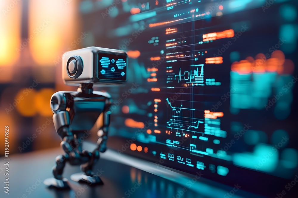 Poster a futuristic ai powered robot analyzes holographic data visualizations